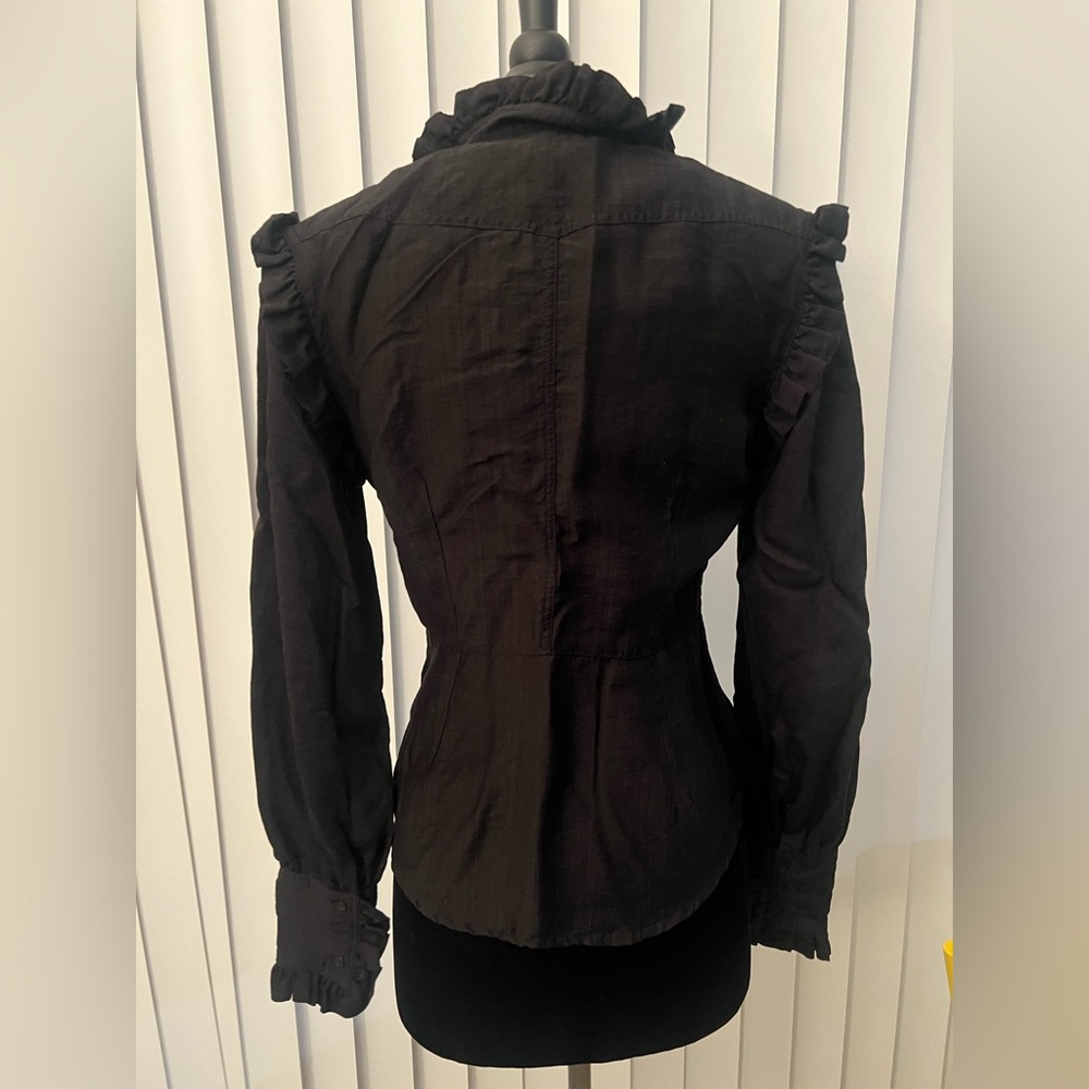Sabina Musayev black ruffle fitted high neck button up marcel top size S - Picture 3 of 4